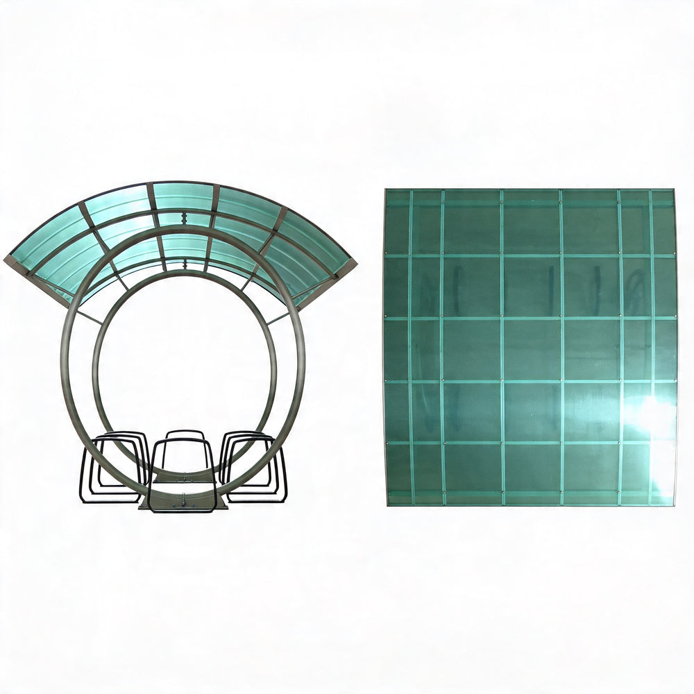 Decorative glass panel with curved design and grid pattern on a white background