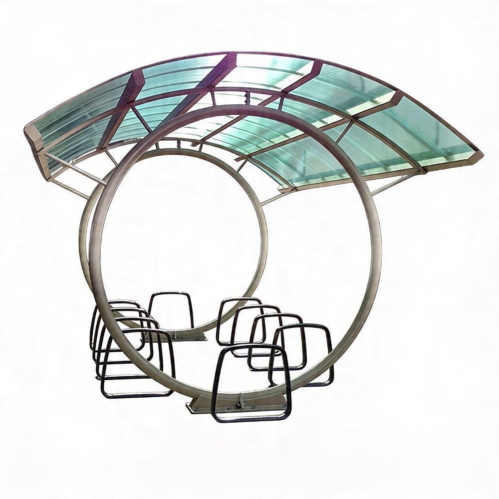 Circular metal structure with a glass canopy on a white background