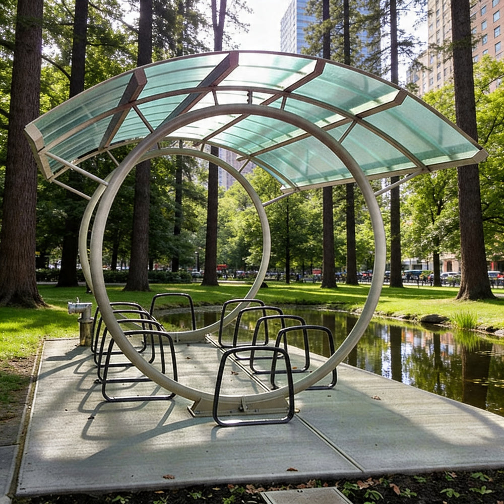 Modern outdoor sculpture with curved glass roof and metal frame in a park setting.