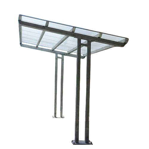 A clear polycarbonate roof bike shelter with a metallic frame, featuring vertical support legs.