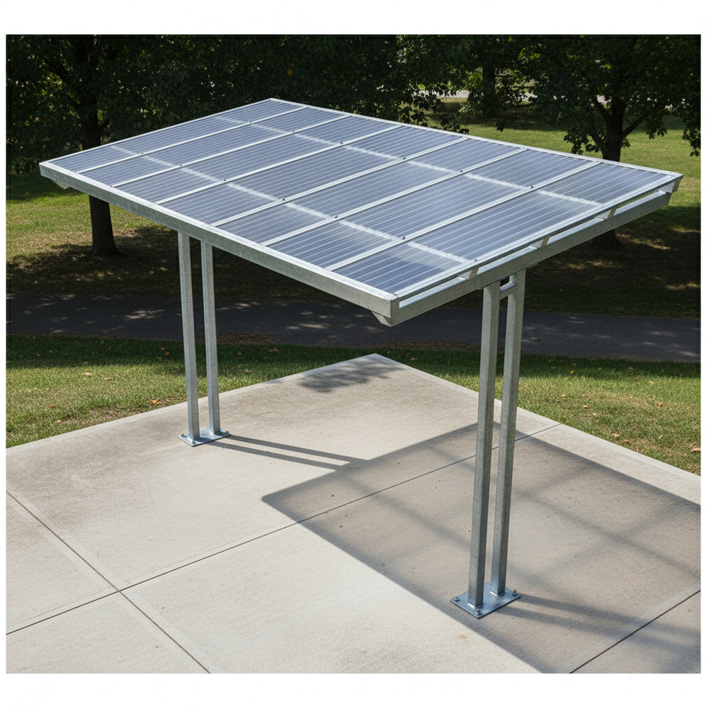 carport structure on a concrete surface with grass and trees in the background