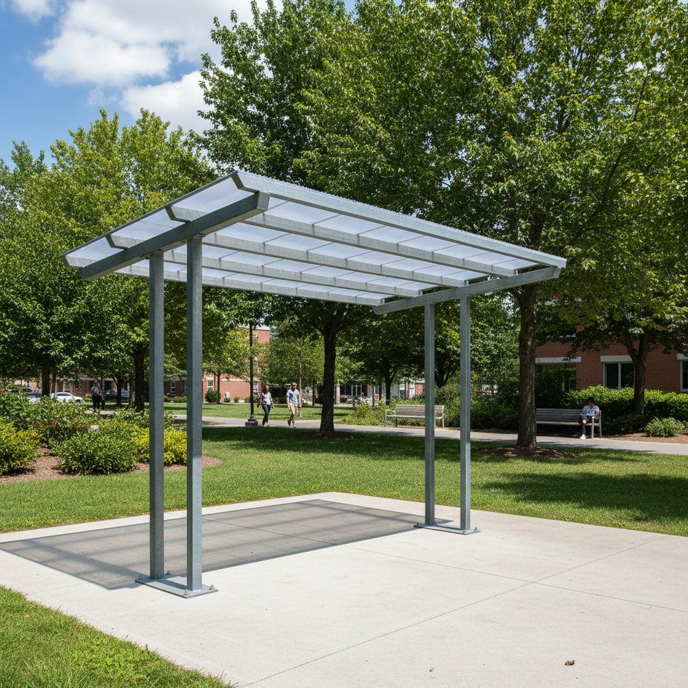 Covered outdoor area with a transparent roof in a park setting