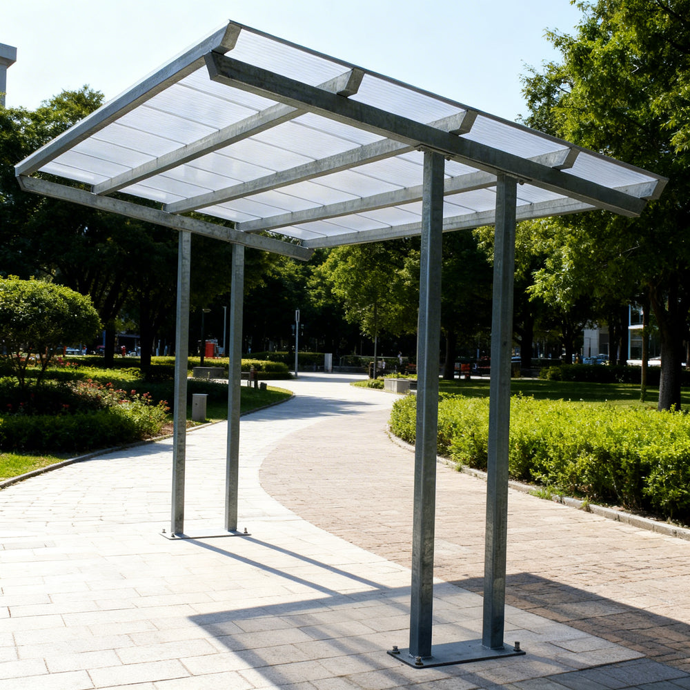 carport structure in an outdoor setting with trees and a clear sky.