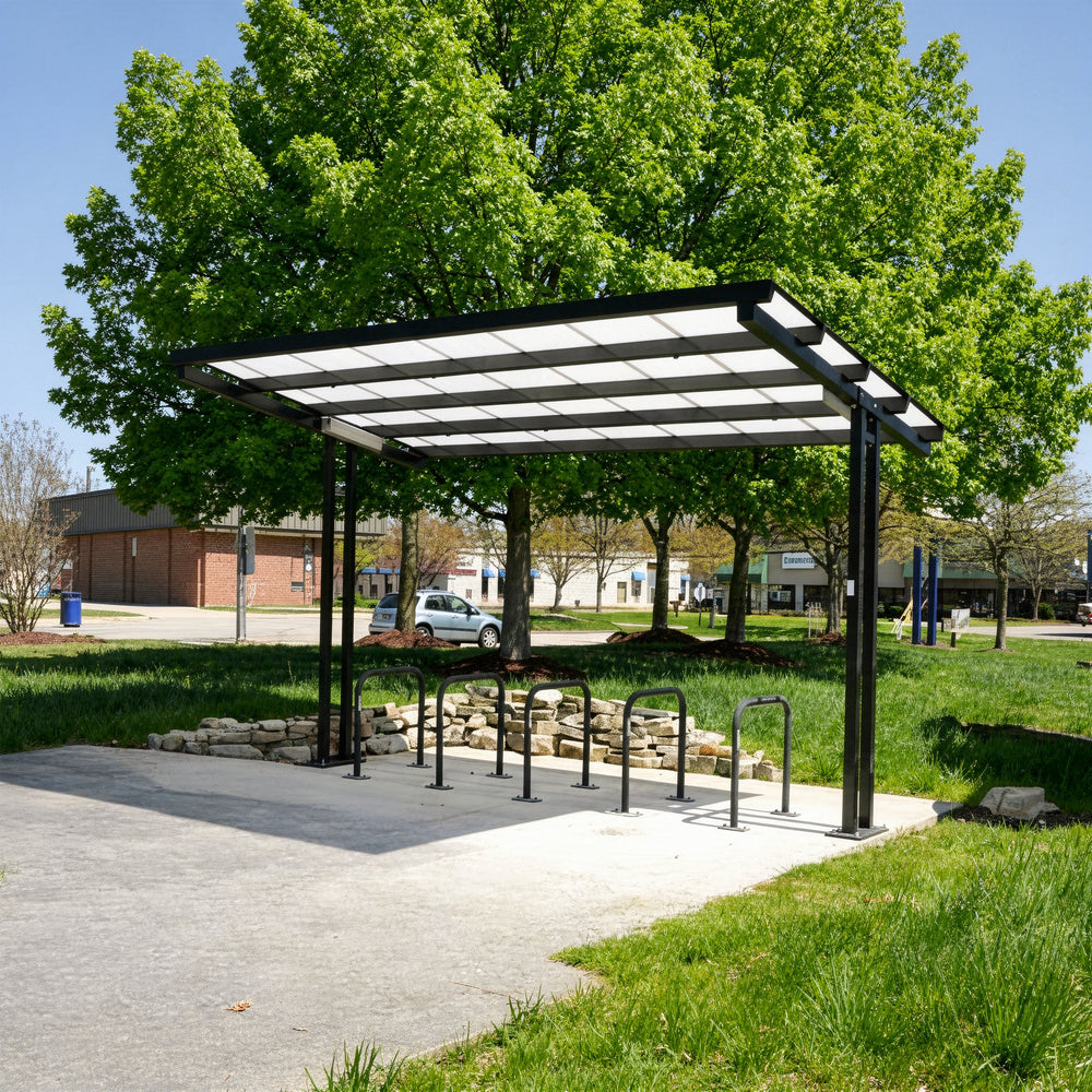 Pavilion with bike racks in a park setting