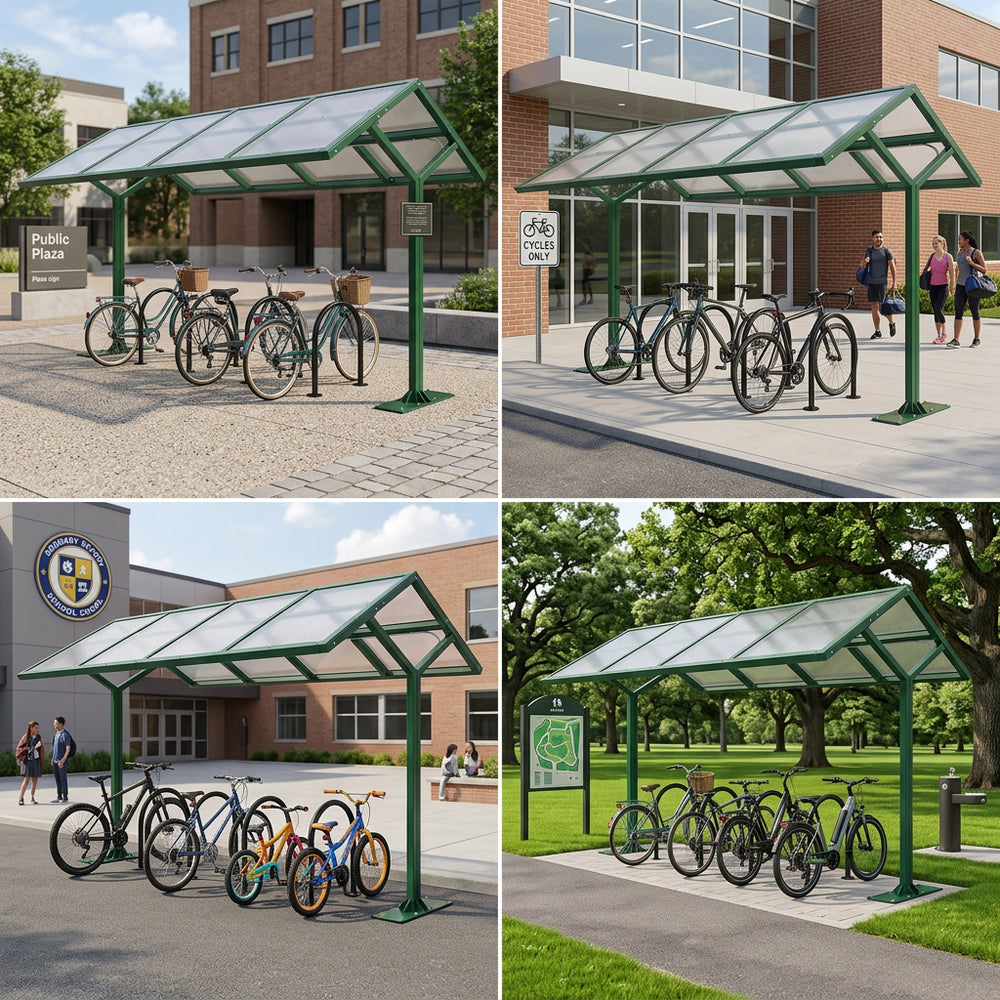 Collage of bicycle parking shelters in various outdoor settings.