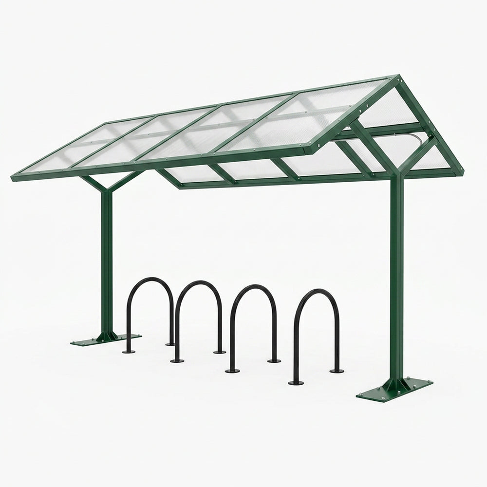 Green bike shelter with transparent roof on a white background