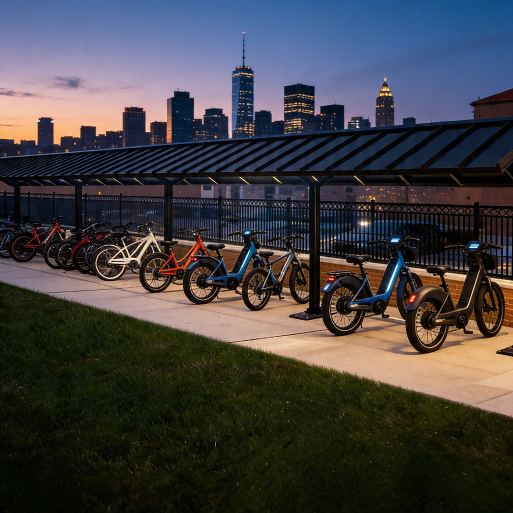 Row of electric bikes parked under a shelter with a city skyline in the background at dusk.