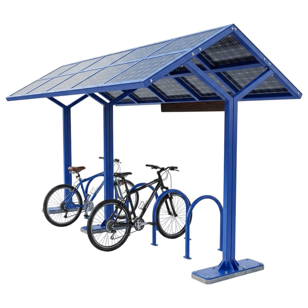 Blue bicycle shelter with solar panels on a white background