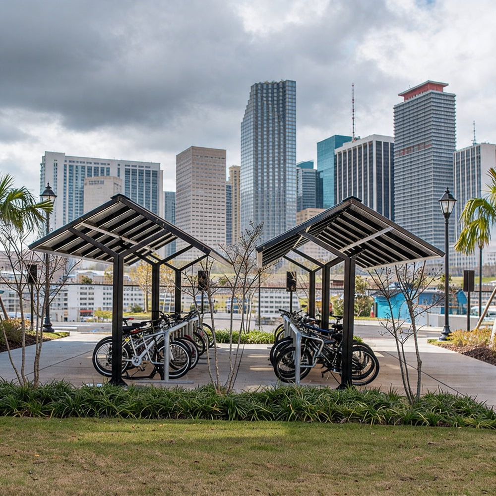 Bicycle parking area with city skyline in the background
