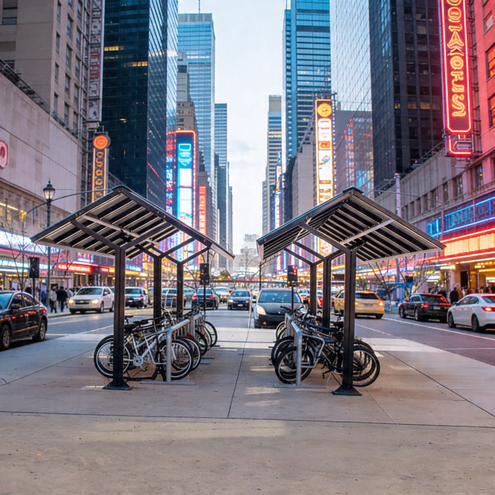 Bicycle racks on a city street with tall buildings and neon signs in the background
