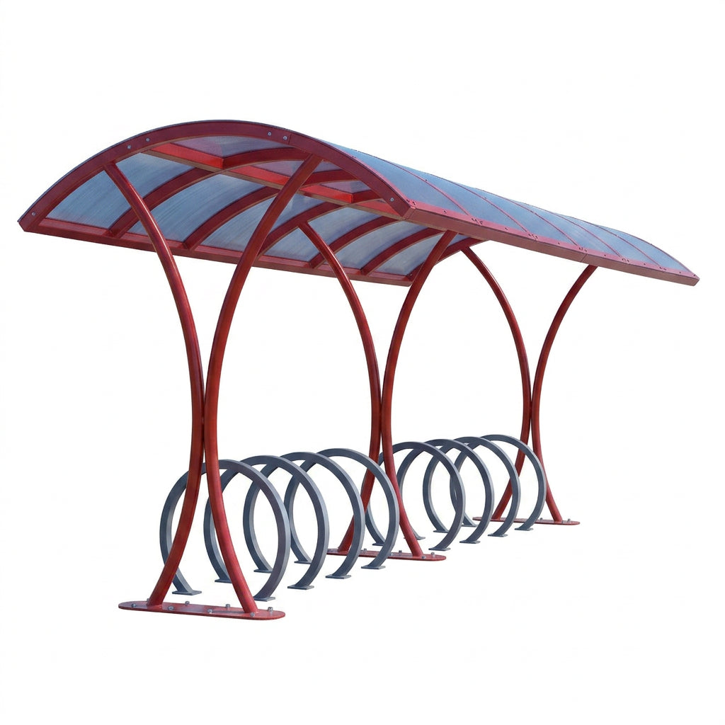 Red bicycle parking shelter with multiple bike racks on a white background