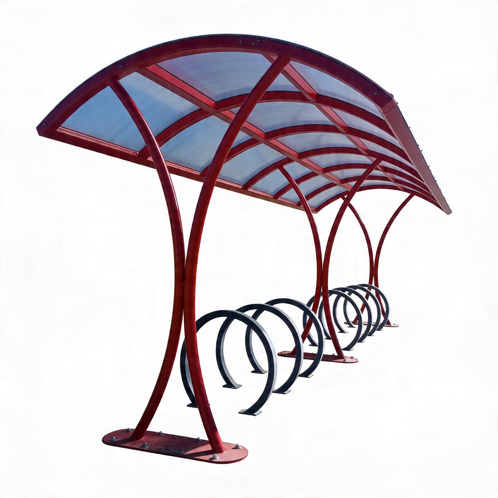 Red bicycle rack with canopy on a white background