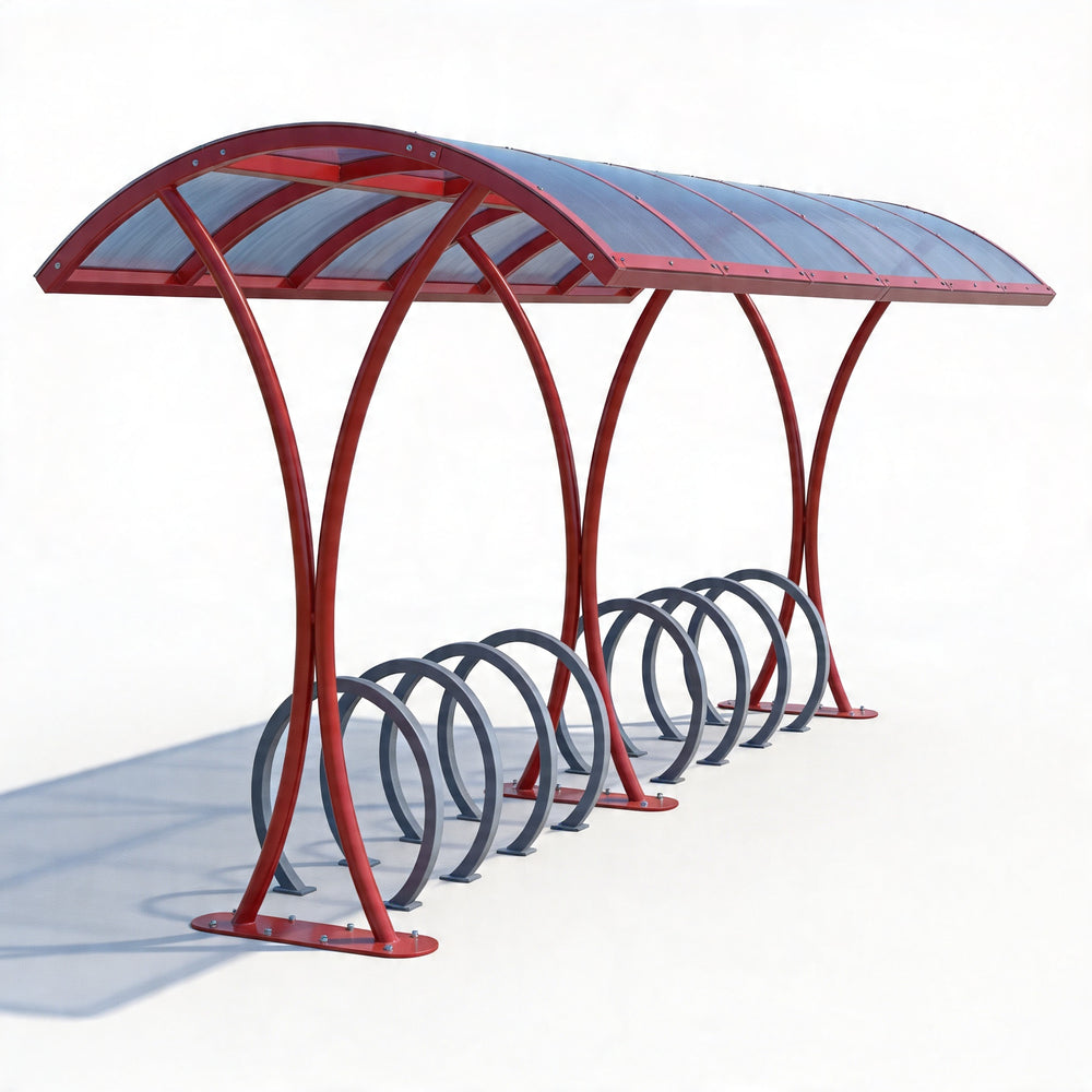 Red bicycle shelter with multiple bike racks on a white background