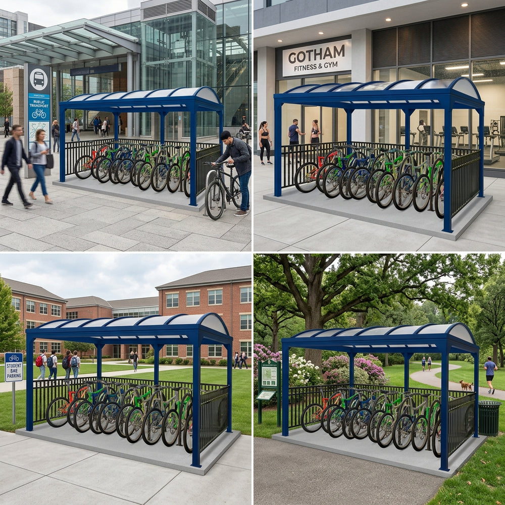 Bicycle parking shelters with bicycles in various locations