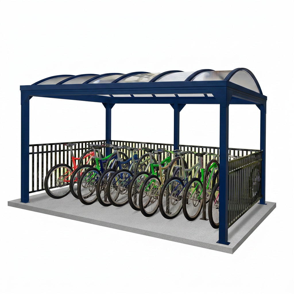 Bicycle parking shelter with multiple bicycles inside on a white background