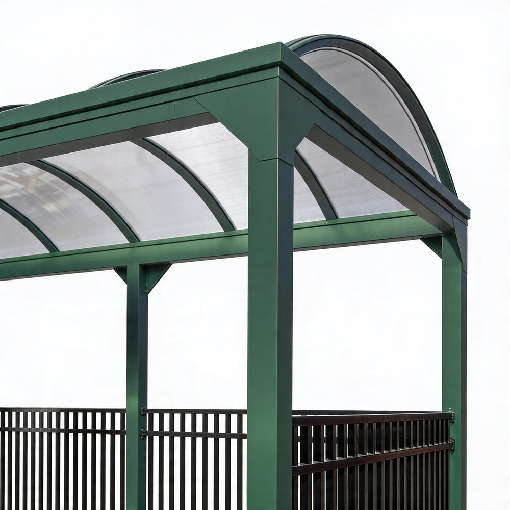 Green metal gazebo with a curved roof on a white background