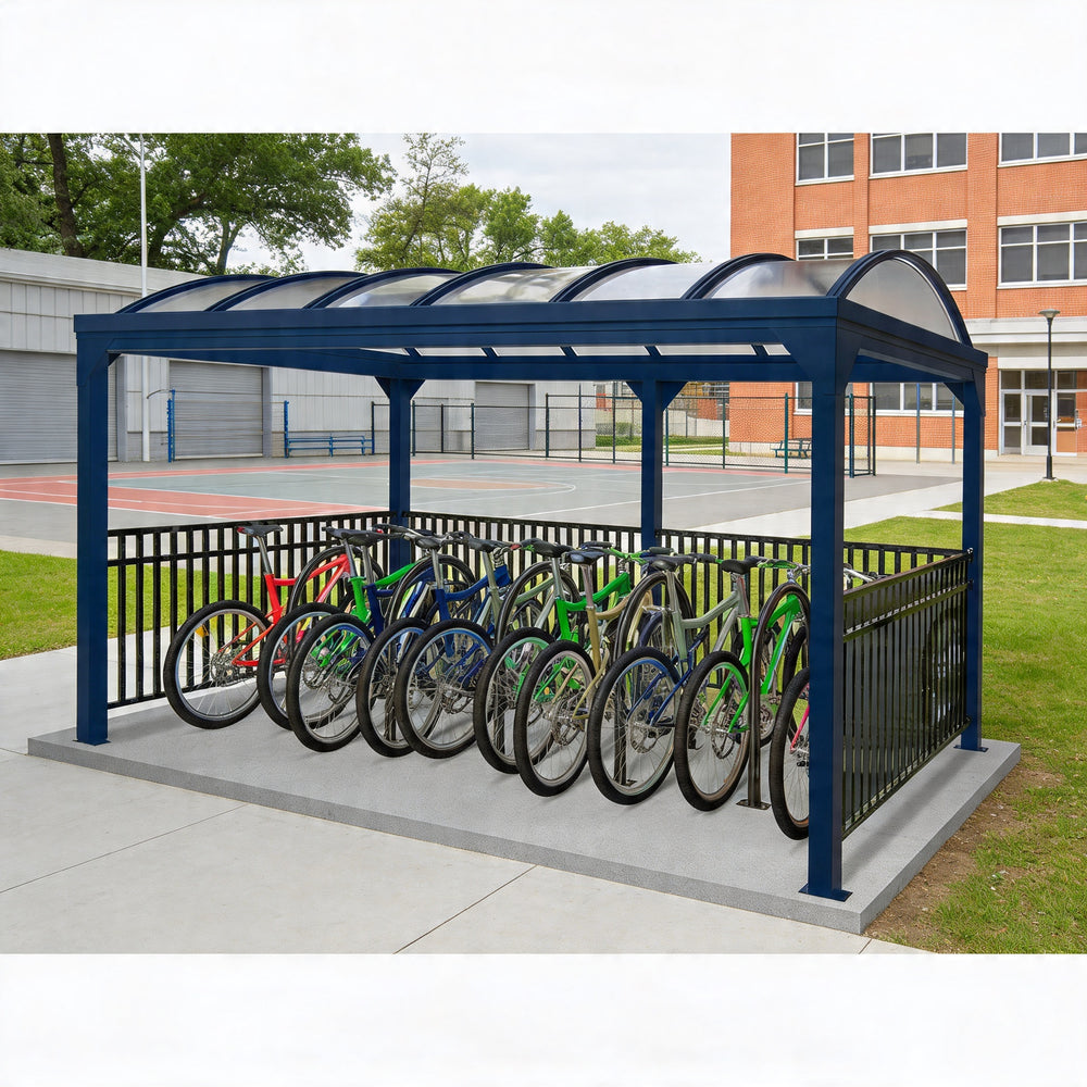 Bicycle parking shelter with multiple bicycles in an outdoor setting