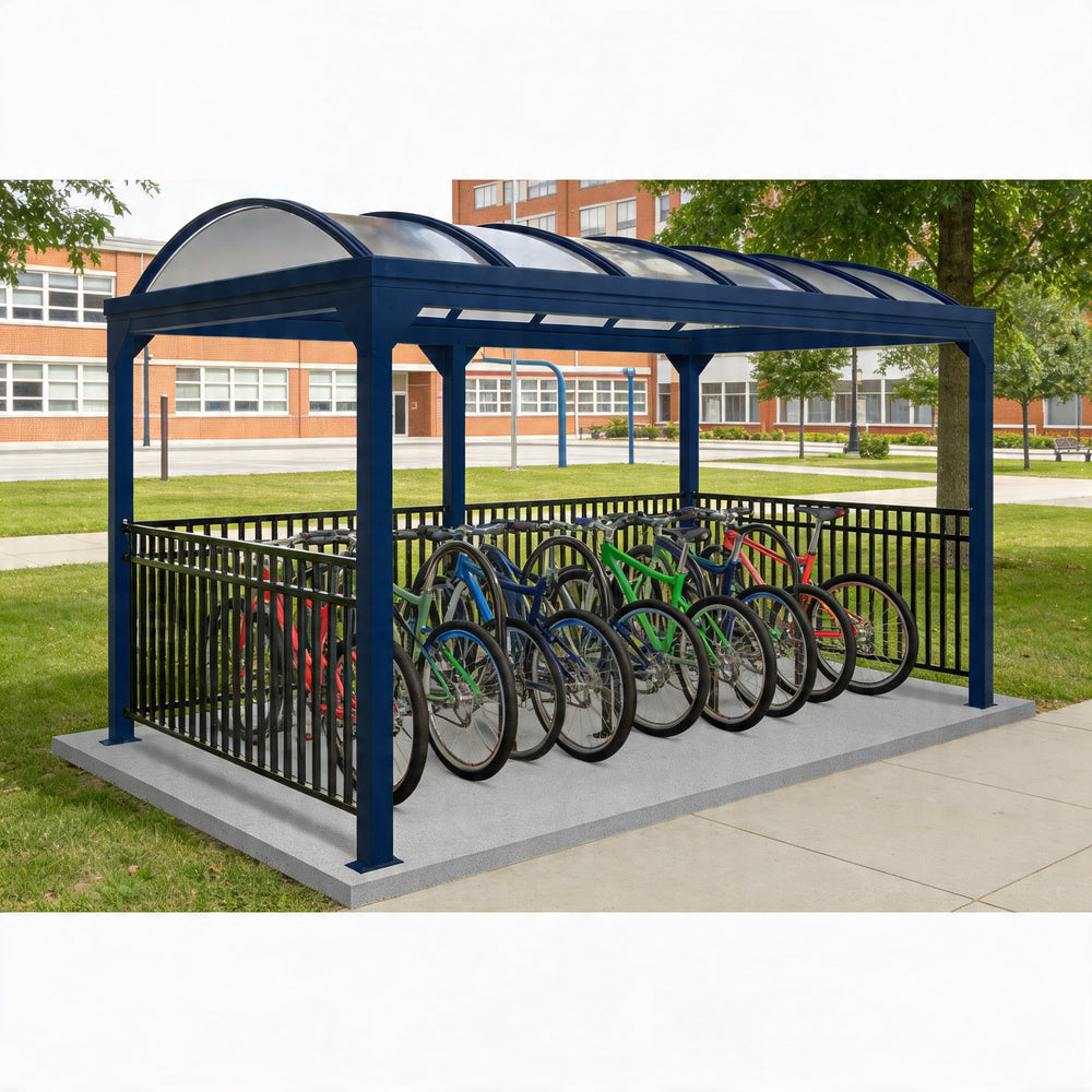 Blue bicycle shelter with multiple bicycles parked inside, set against a school building background.