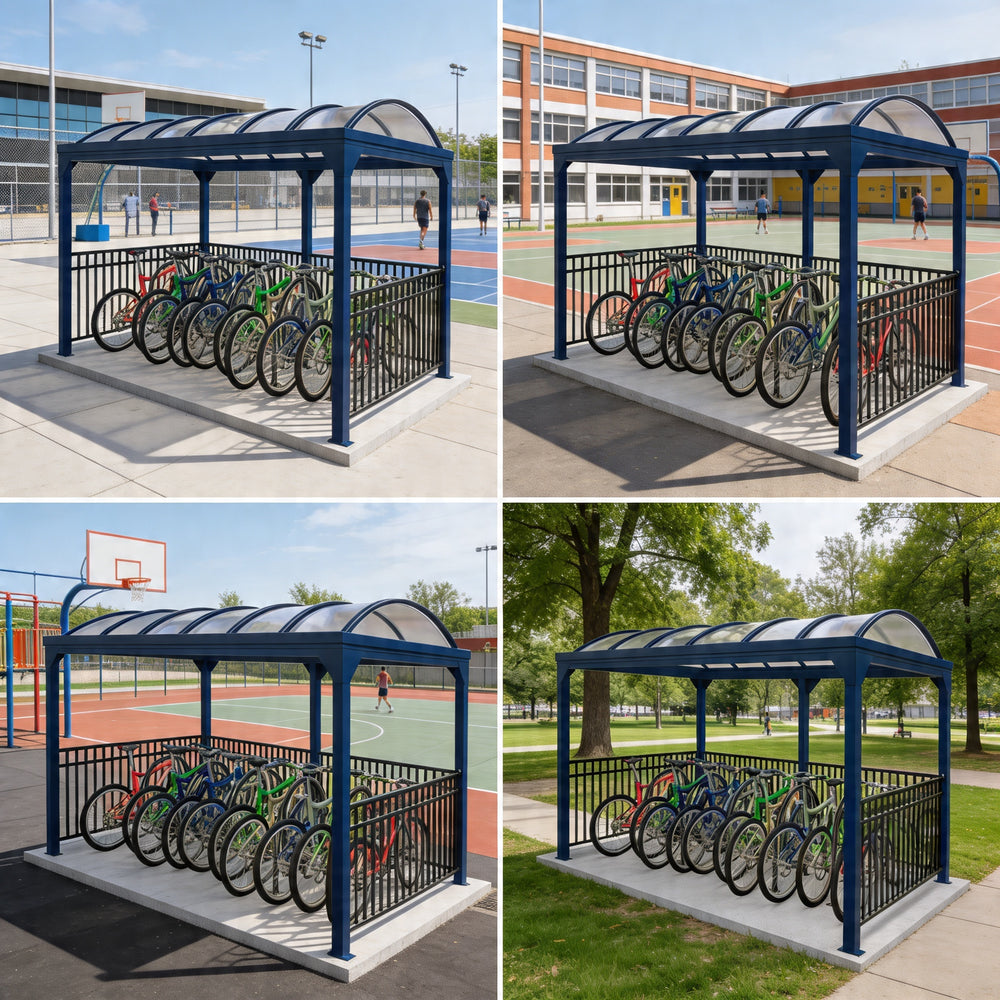 Four views of a blue bicycle shelter with multiple bicycles parked underneath, set against different outdoor backgrounds.