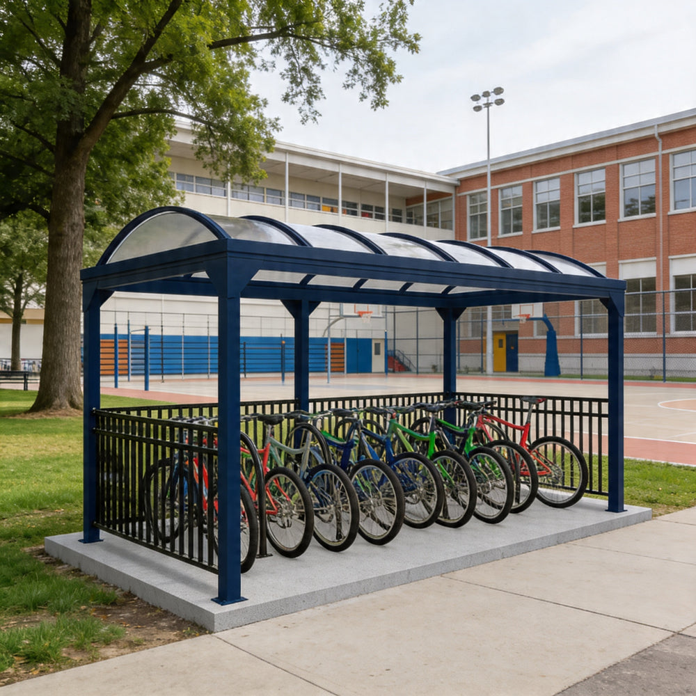Bicycle shelter with multiple bicycles parked underneath in an outdoor setting.