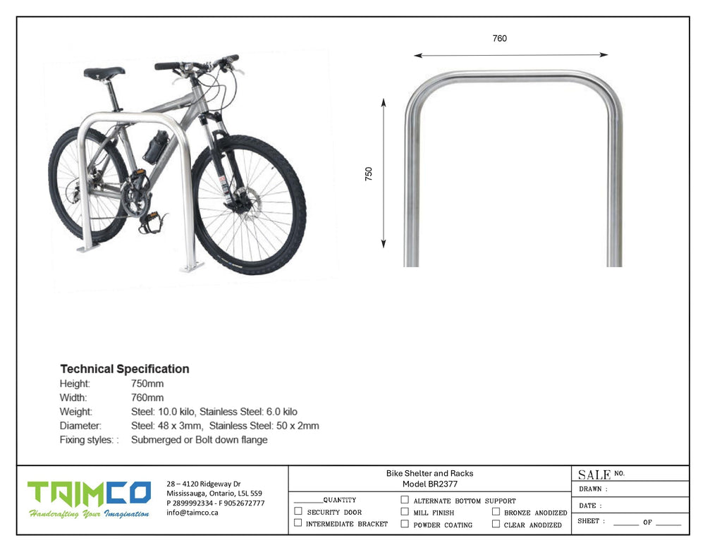Stainless steel circular bike rack with open‑bottom ring design and surface‑mount base, suitable for securing two bicycles