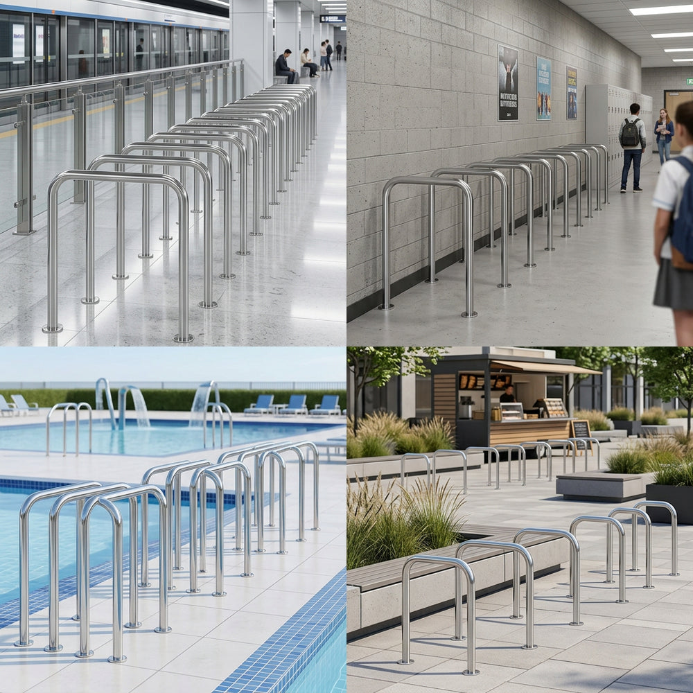 Collage of metal bike racks in various settings including a train station, poolside, and outdoor area.