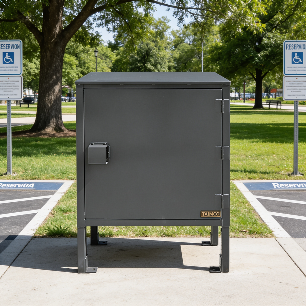 Gray metal cabinet on a sidewalk with trees and parking signs in the background