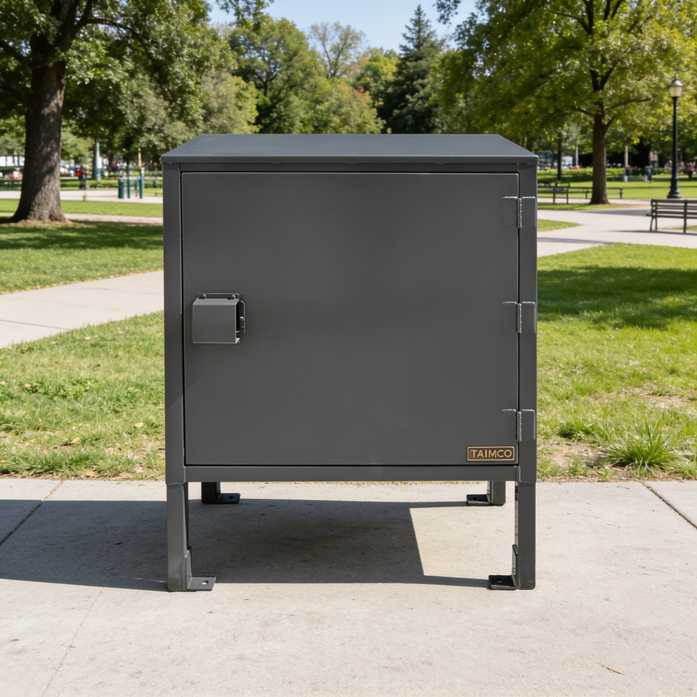 Gray metal cabinet with 'Taimco' branding on a sidewalk in a park setting