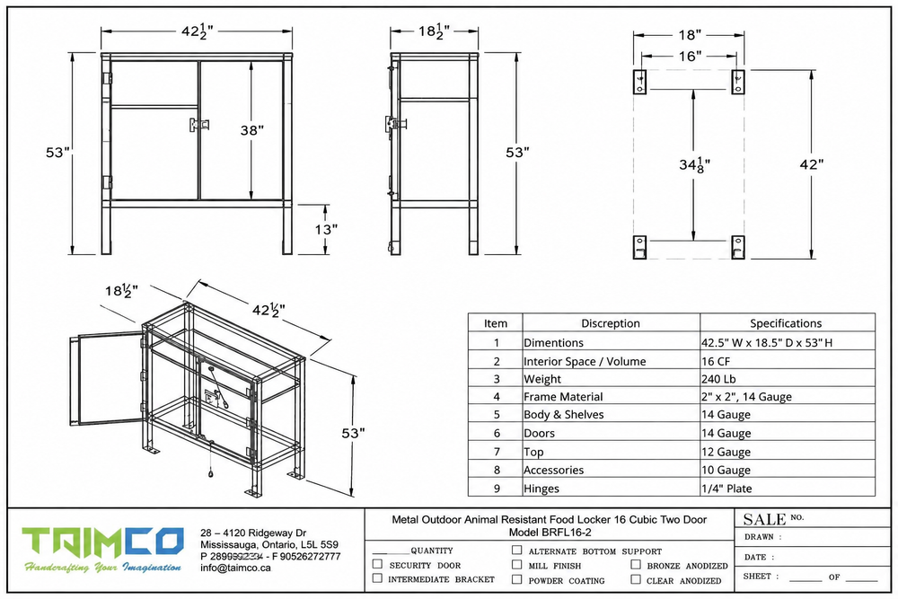 Technical drawing of a metal outdoor animal resistant food locker with dimensions and specifications.