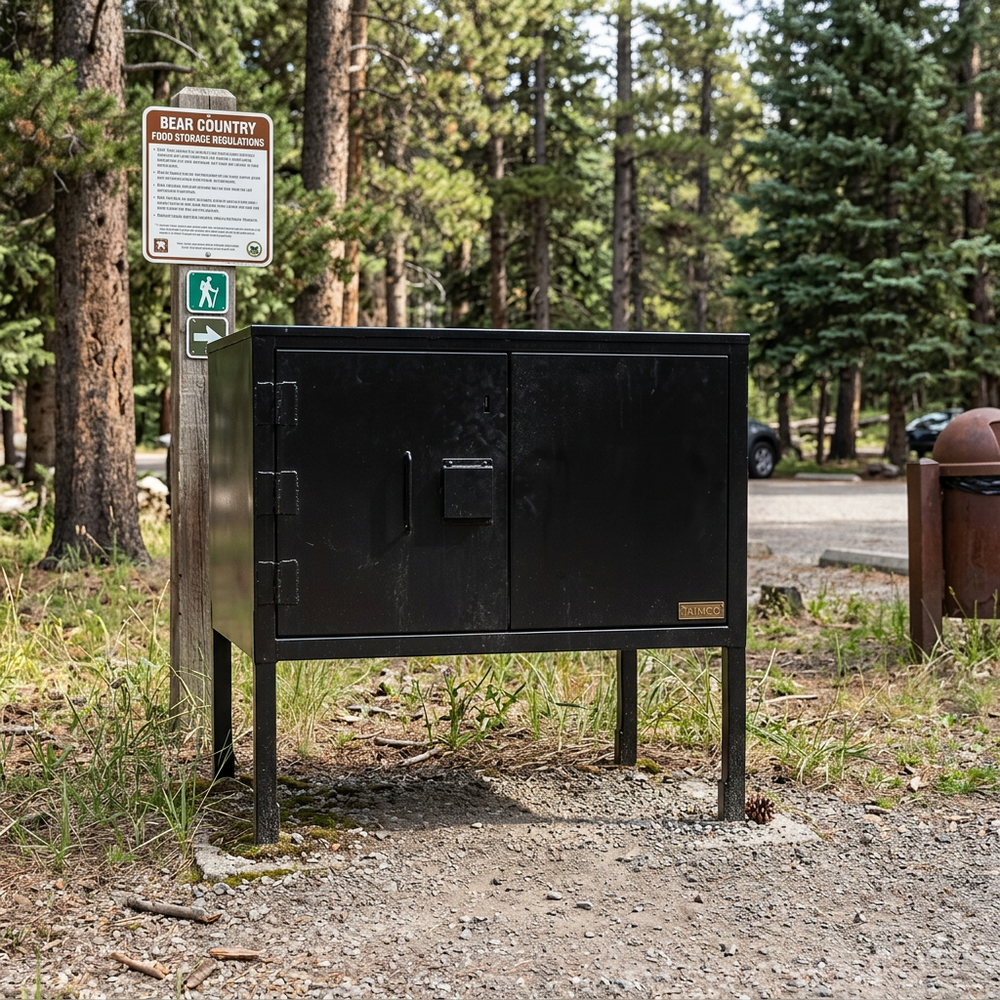Black bearproof cabinet in a forest setting with a sign nearby.