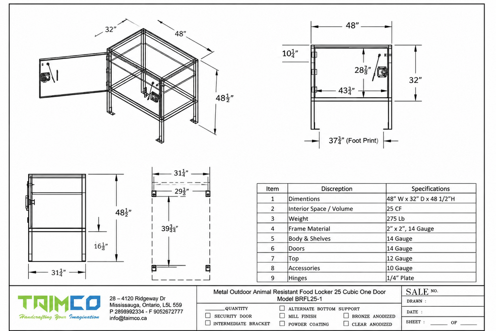 Technical drawing of a metal outdoor animal shelter with dimensions and specifications.