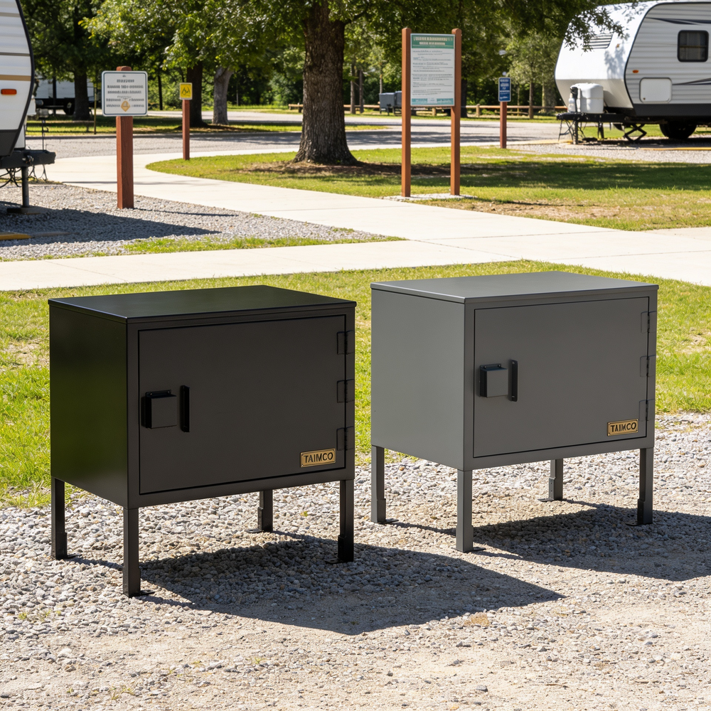 Two metal cabinets, one black and one gray, on a gravel surface with a campground background.