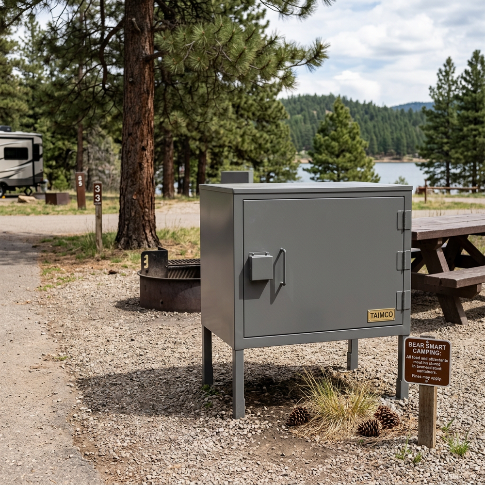 Bear proof storage cabinet at a campsite with trees and a lake in the background