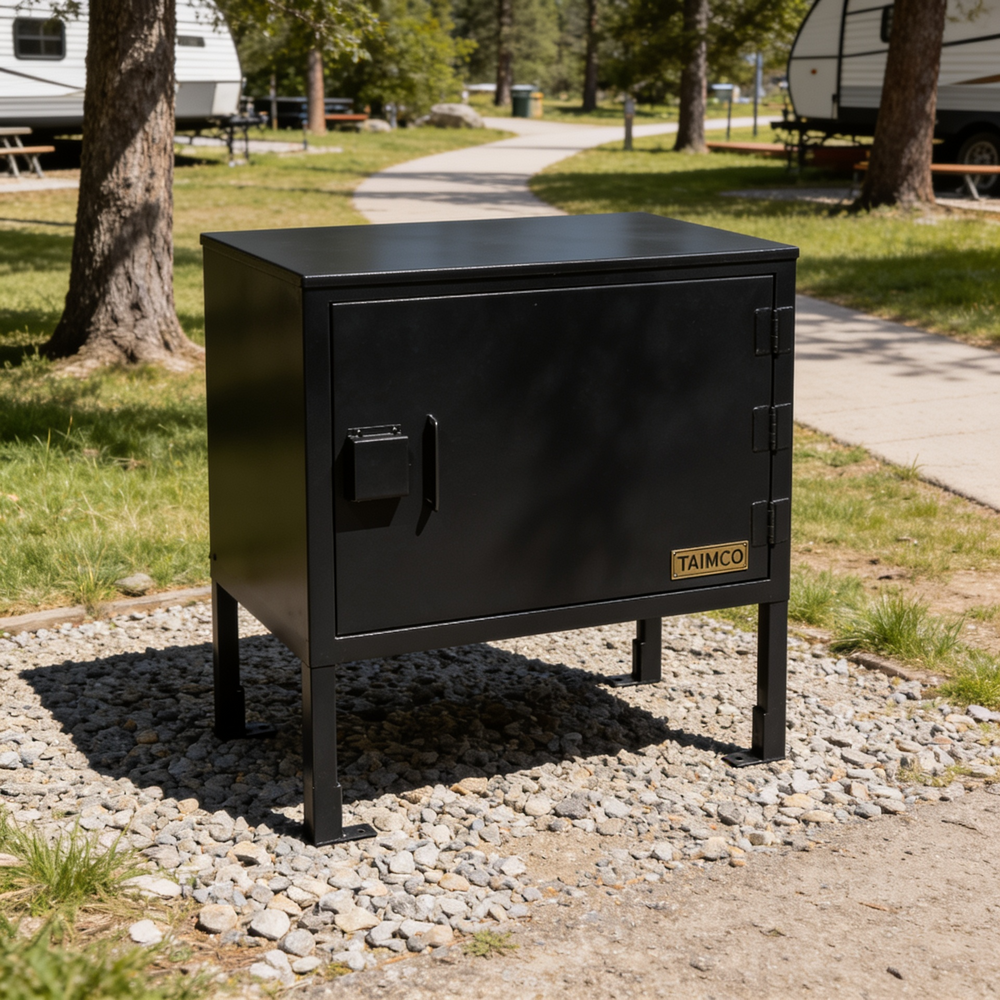 Black metal cabinet with 'Taimco' branding in a campground setting