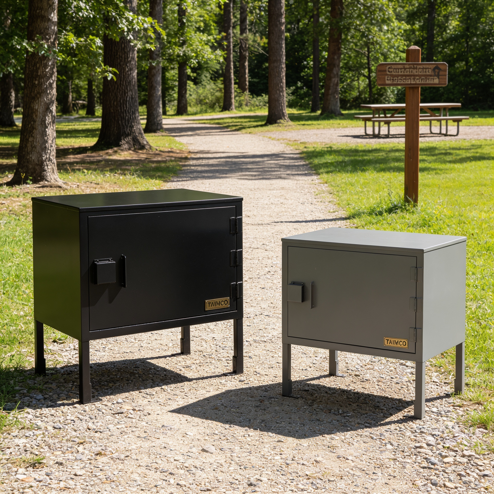 Two metal cabinets on a gravel path in a park with trees and a wooden sign in the background.