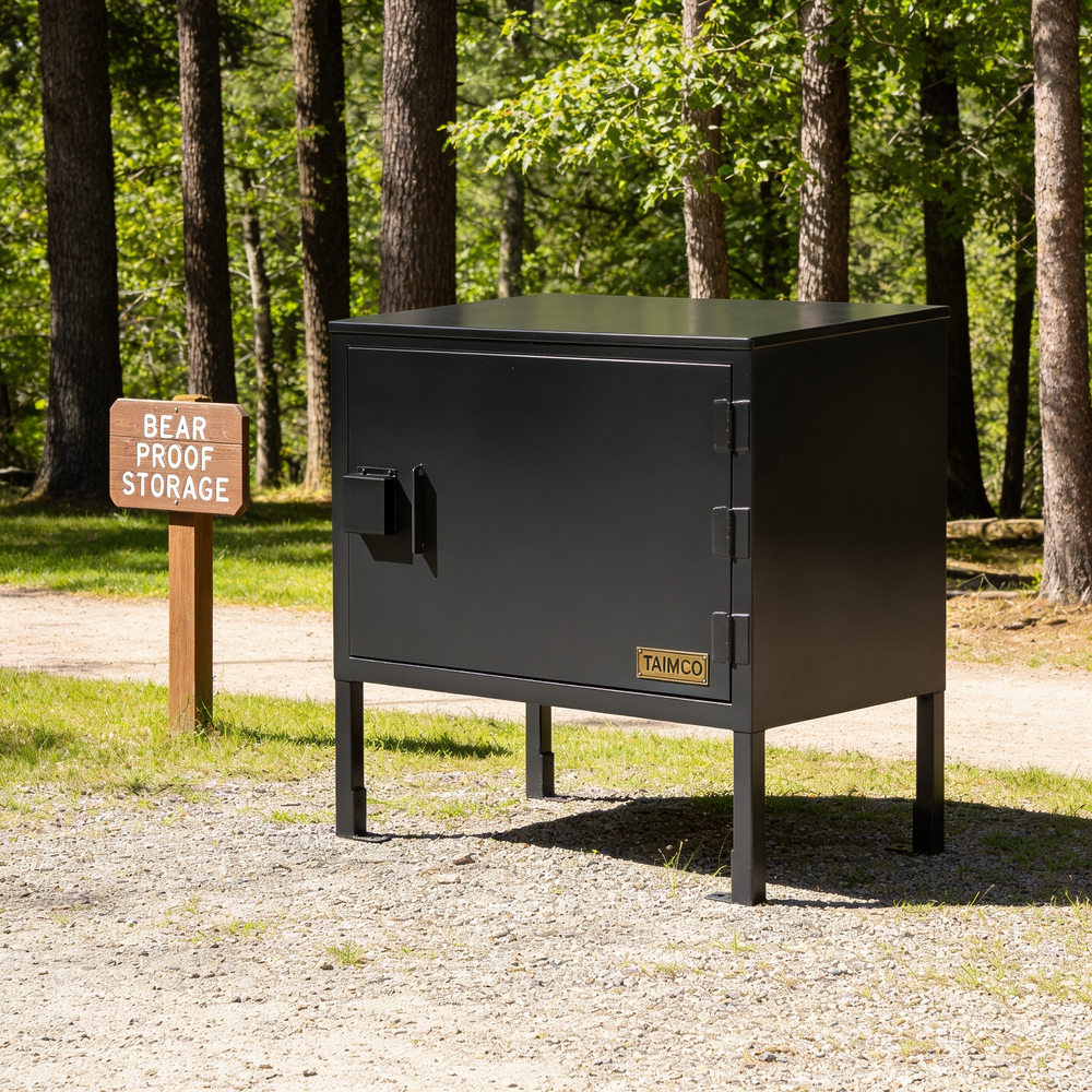 Black bear proof storage cabinet in a forest setting with a 'Bear Proof Storage' sign.