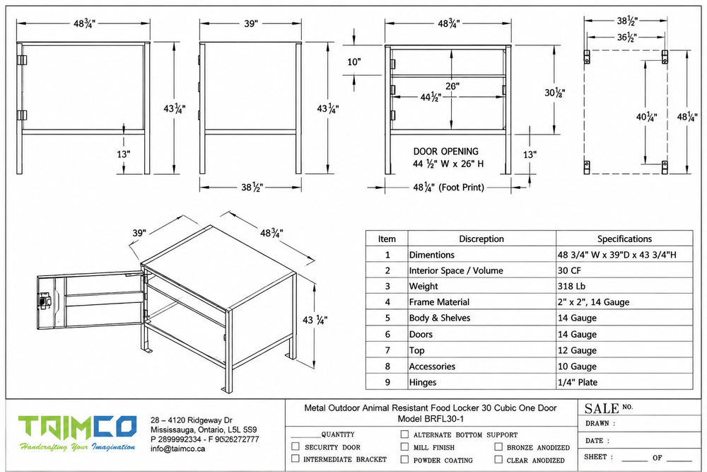 Technical drawing of a metal outdoor animal feeder with dimensions and specifications.