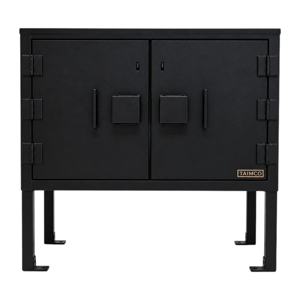 Black metal cabinet with 'Taimco' branding on a white background