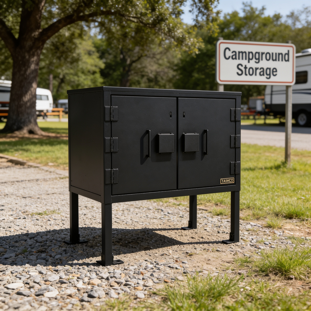 Black metal storage cabinet in a campground setting with a 'Campground Storage' sign in the background.