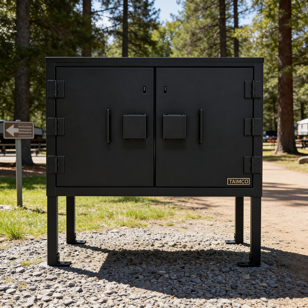 Black metal cabinet with 'Taimco' branding in a forested area