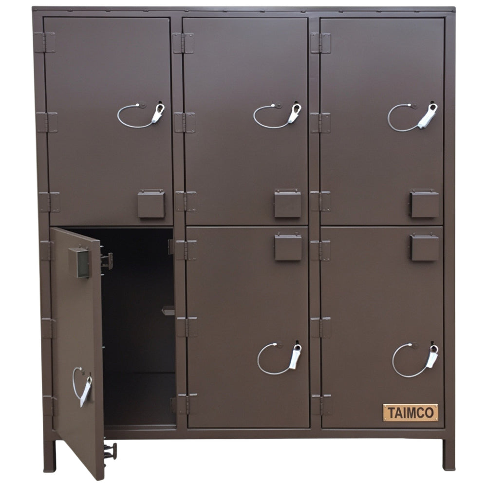 Brown lockers with silver handles on a white background, featuring the Taimco brand.