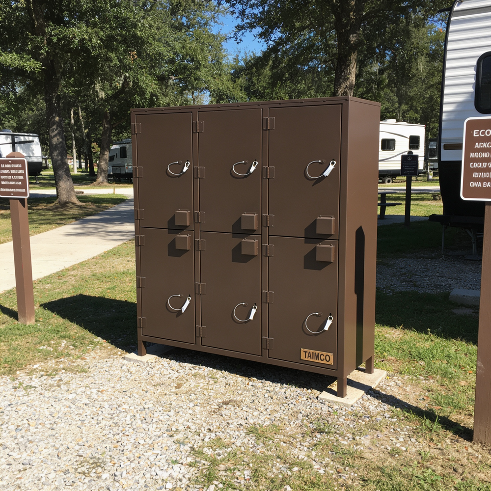 Brown storage locker with multiple doors in a park setting