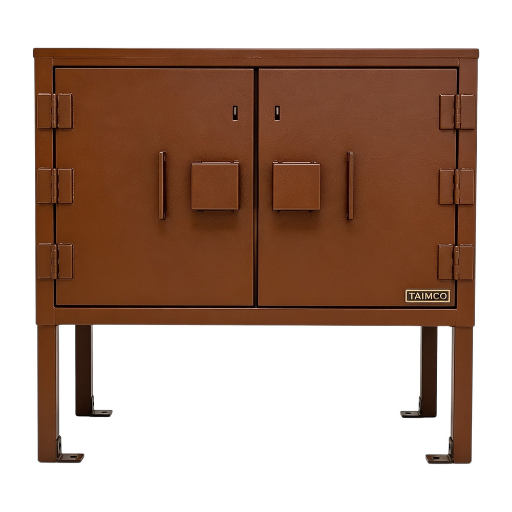 Brown metal cabinet with 'Taimco' branding on a white background