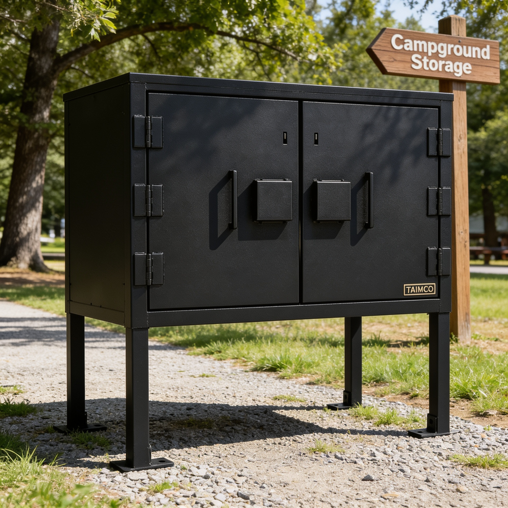 Black metal storage cabinet outdoors with 'Campground Storage' sign in the background