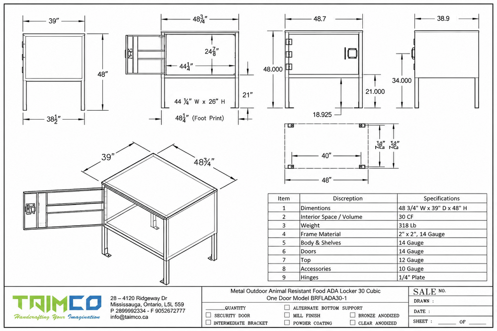 Technical drawing of a metal locker with dimensions and specifications.