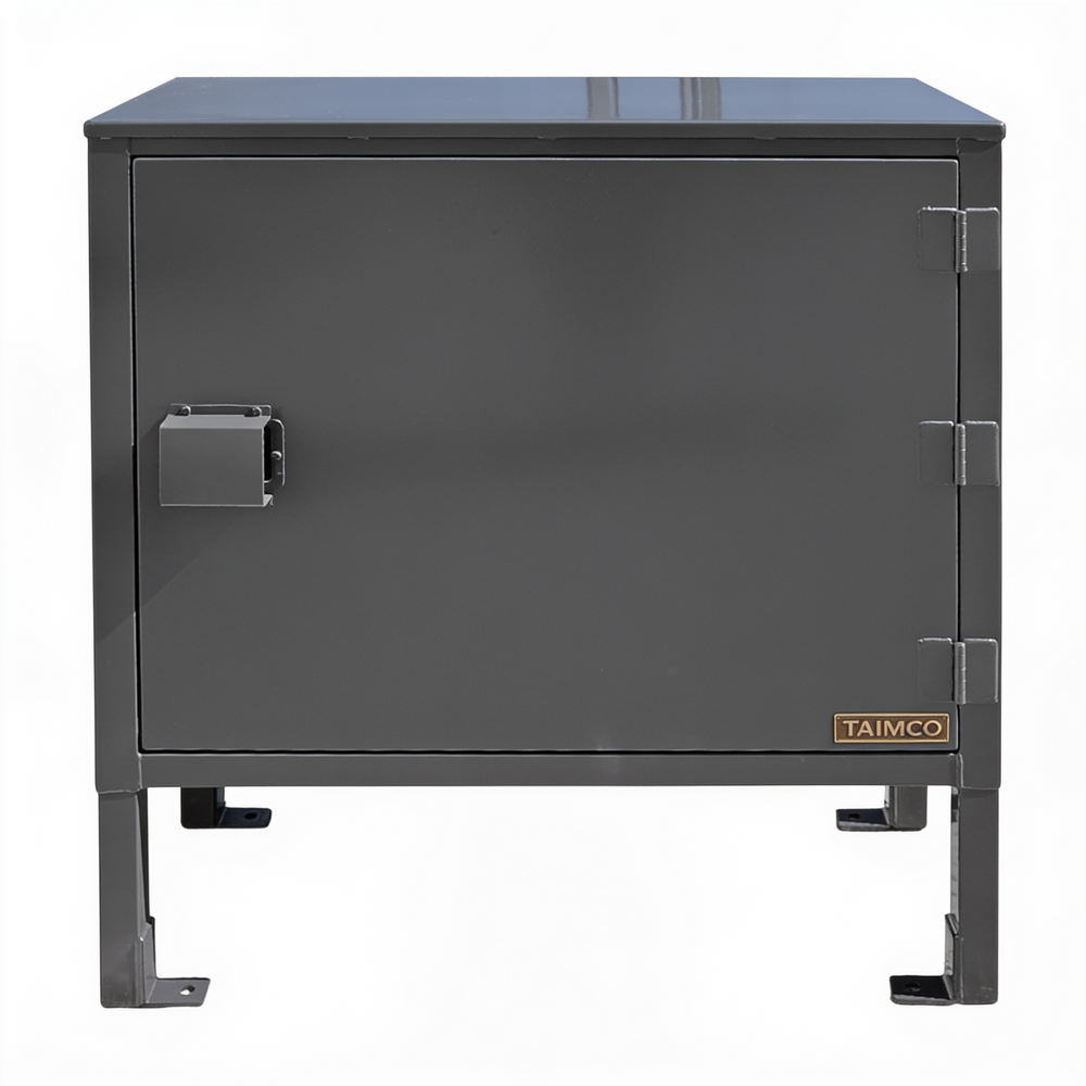 Gray metal cabinet with a blue top on a white background