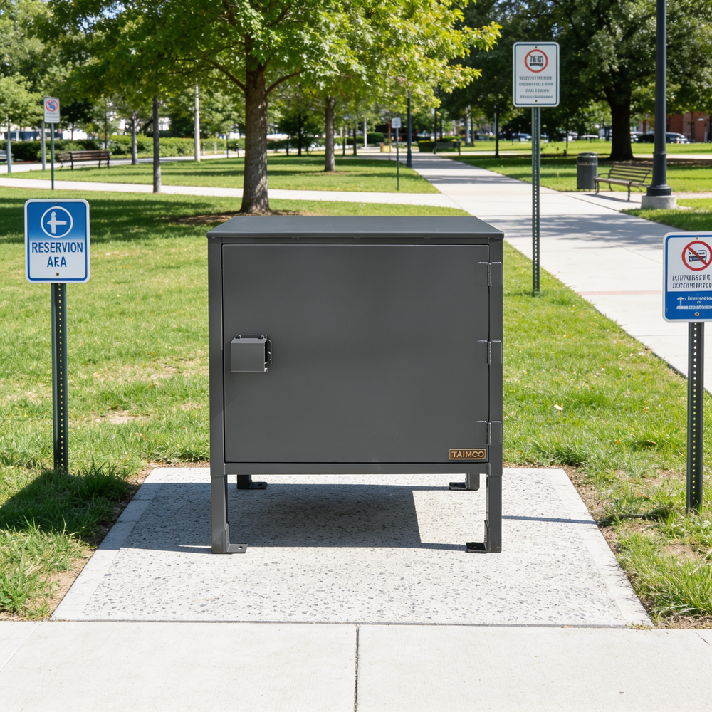 Gray metal cabinet on a sidewalk with green grass and trees in the background