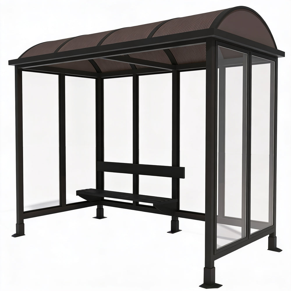 Bus shelter with a brown roof and transparent sides on a white background