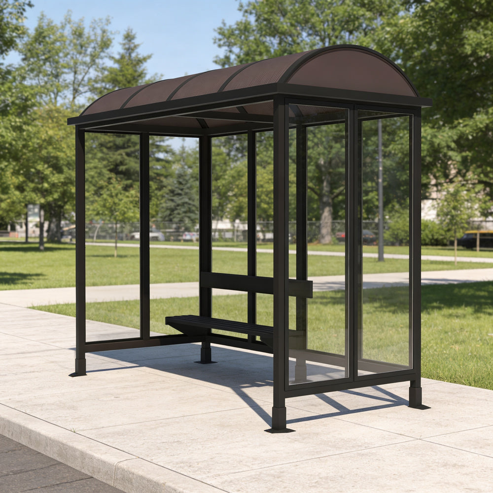 Black metal bus shelter with a brown roof on a sidewalk