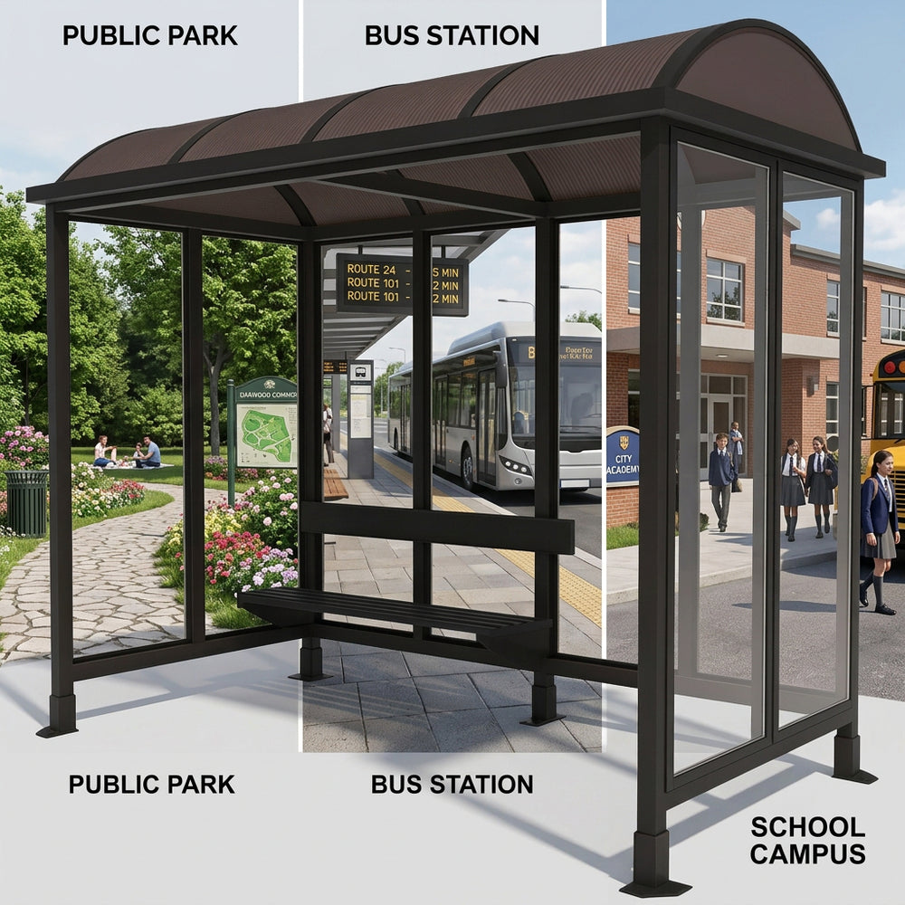 Bus shelter with views of a public park, bus station, and school campus.